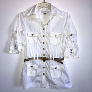 BEBE S Fresh White Cotton Gold Logo Button Short Sleeve Tunic Top Belt Pintuck